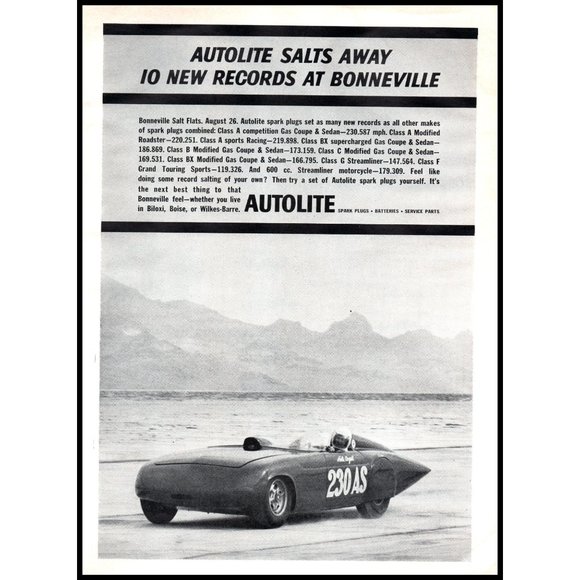 1961 Autolite Spark Plugs Bonneville Salt Flat Speed Record Vintage Print Ad Art - Picture 1 of 1